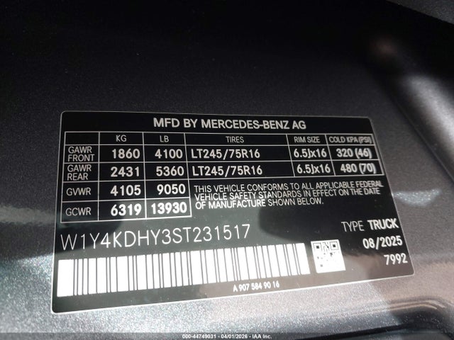 2025 Mercedes-benz Sprinter 2500 High Roof 4-cyl Diesel მანქანა იყიდება აუქციონზე, vin: W1Y4KDHY3ST231517, აუქციონის ნომერი: 44749031