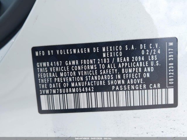 44749035 :رقم المزاد ، 3VW7M7BU8RM054942 vin ، 2024 Volkswagen Jetta 1.5t Se مزاد بيع