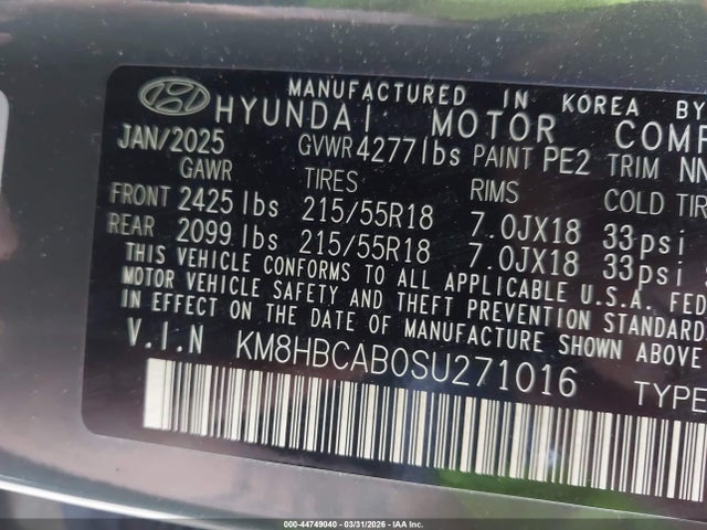 Aukcja sprzedaży 2025 Hyundai Kona Sel, vin: KM8HBCAB0SU271016, numer aukcji: 44749040
