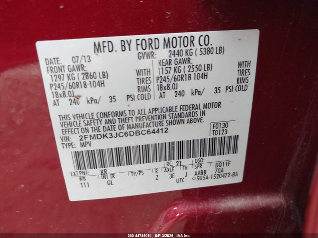 Продажа на аукционе авто 2013 Ford Edge Sel, vin: 2FMDK3JC6DBC64412, номер лота: 44749051