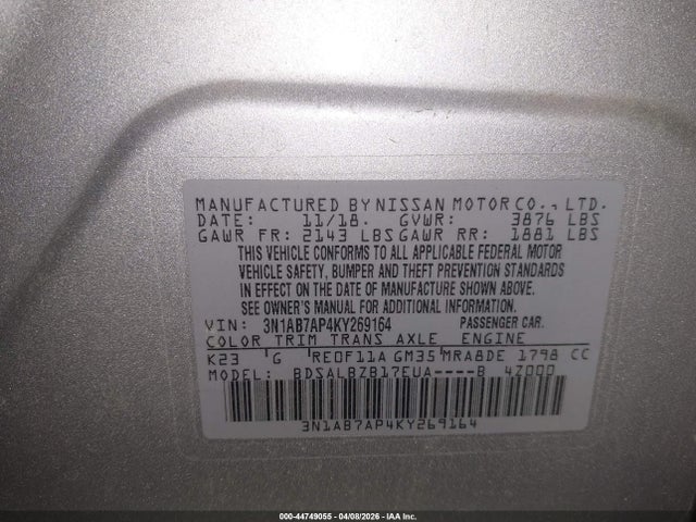 Продажа на аукционе авто 2019 Nissan Sentra S, vin: 3N1AB7AP4KY269164, номер лота: 44749055