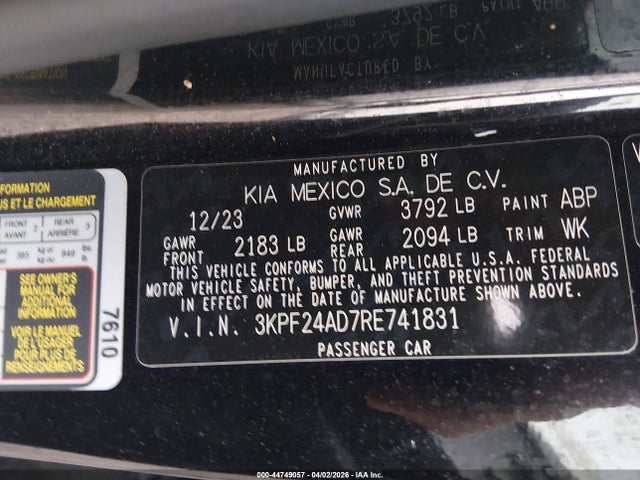 2024 Kia Forte Lxs მანქანა იყიდება აუქციონზე, vin: 3KPF24AD7RE741831, აუქციონის ნომერი: 44749057