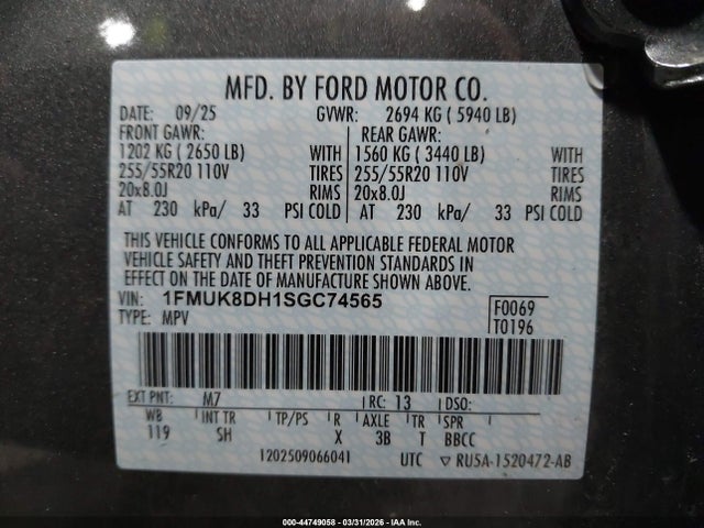 Продаж на аукціоні авто 2025 Ford Explorer Active, vin: 1FMUK8DH1SGC74565, номер лоту: 44749058