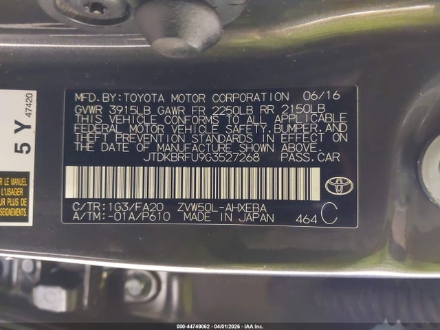 JTDKBRFU9G3527268 Toyota Prius Two