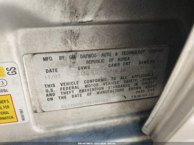 44749074 :رقم المزاد ، KL1TD56688B167109 vin ، 2008 Chevrolet Aveo Ls مزاد بيع