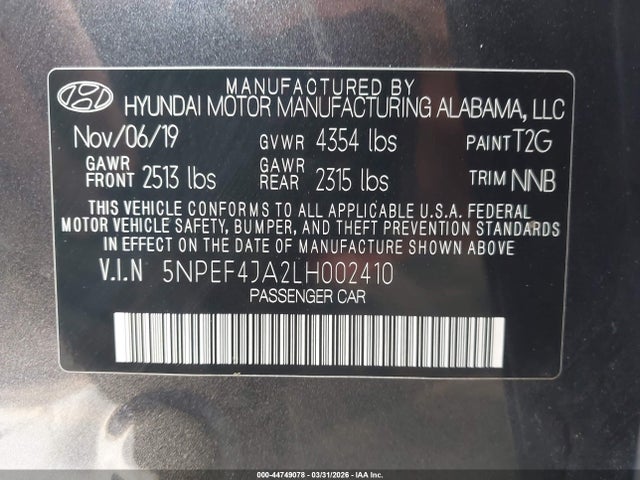 2020 Hyundai Sonata Sel მანქანა იყიდება აუქციონზე, vin: 5NPEF4JA2LH002410, აუქციონის ნომერი: 44749078
