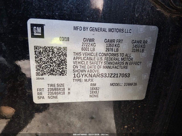 44749085 :رقم المزاد ، 1GYKNARS3JZ217053 vin ، 2018 Cadillac Xt5 Standard مزاد بيع