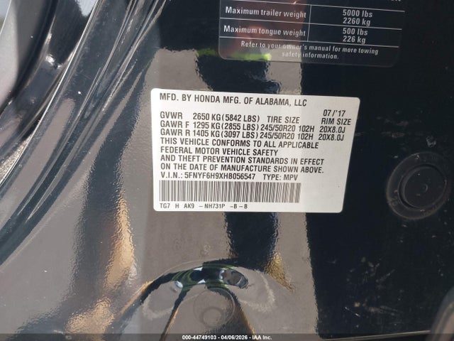 5FNYF6H9XHB056547 Honda Pilot Touring