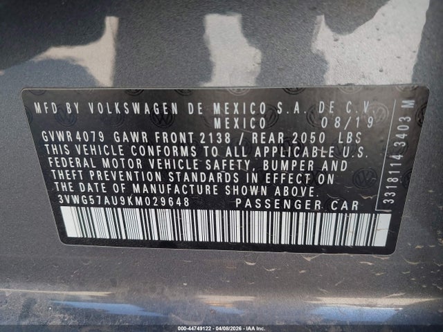 44749122 :رقم المزاد ، 3VWG57AU9KM029648 vin ، 2019 Volkswagen Golf 1.4t S/1.4t Se مزاد بيع