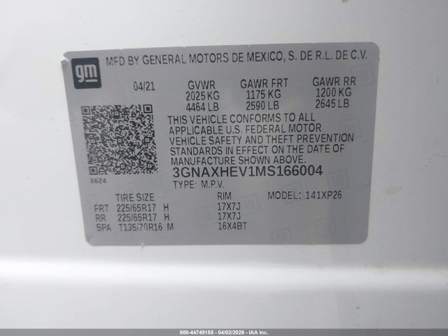 44749155 :رقم المزاد ، 3GNAXHEV1MS166004 vin ، 2021 Chevrolet Equinox Fwd Ls مزاد بيع