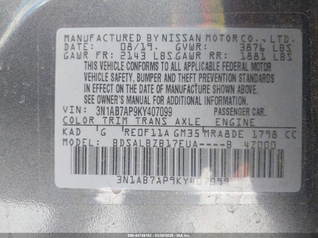 44749162 :رقم المزاد ، 3N1AB7AP9KY407099 vin ، 2019 Nissan Sentra S مزاد بيع