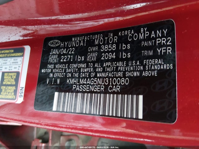 2022 Hyundai Elantra Sel მანქანა იყიდება აუქციონზე, vin: KMHLM4AG5NU310080, აუქციონის ნომერი: 44749170