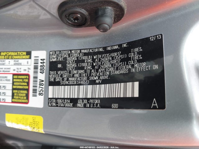 2014 Toyota Sienna Xle V6 8 Passenger მანქანა იყიდება აუქციონზე, vin: 5TDYK3DC0ES446513, აუქციონის ნომერი: 44749183