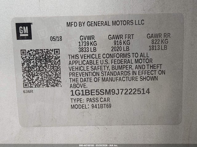 1G1BE5SM9J7222514 Chevrolet Cruze Lt Auto