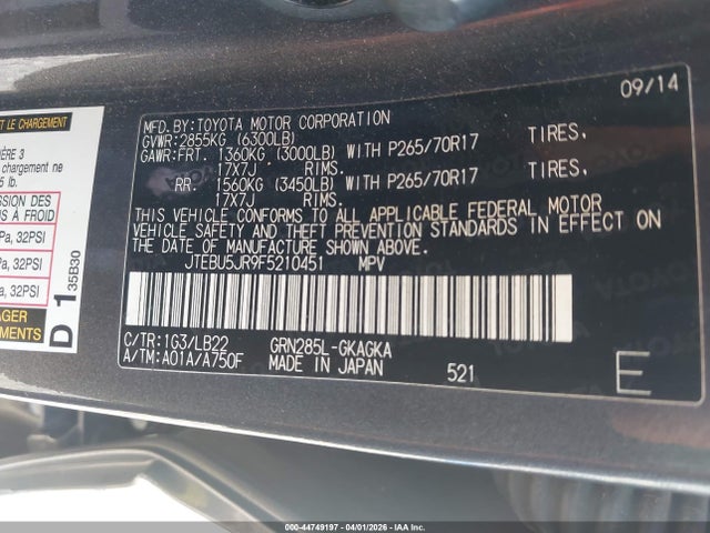 Aukcja sprzedaży 2015 Toyota 4runner Sr5 Premium, vin: JTEBU5JR9F5210451, numer aukcji: 44749197
