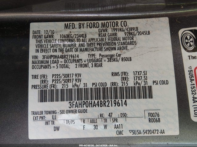 Aukcja sprzedaży 2011 Ford Fusion Se, vin: 3FAHP0HA4BR219614, numer aukcji: 44749198