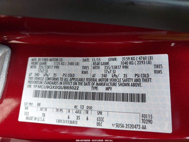 Продажа на аукционе авто 2016 Ford Escape Se, vin: 1FMCU9GX0GUB65022, номер лота: 44749209
