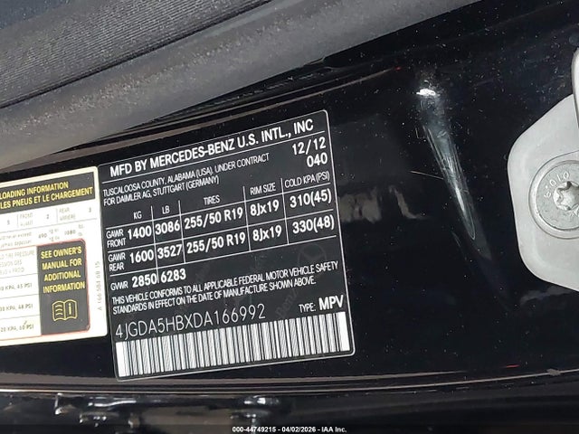 Aukcja sprzedaży 2013 Mercedes-benz Ml 350 4matic, vin: 4JGDA5HBXDA166992, numer aukcji: 44749215
