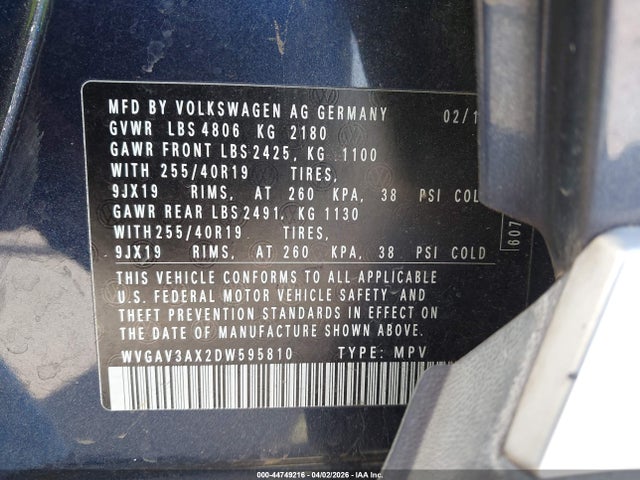 44749216 :رقم المزاد ، WVGAV3AX2DW595810 vin ، 2013 Volkswagen Tiguan Sel مزاد بيع