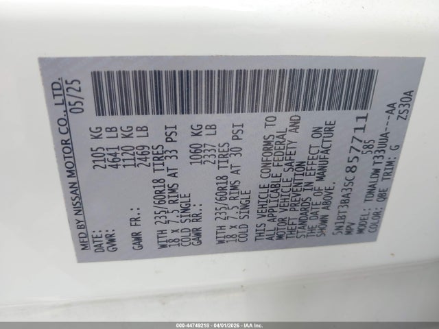 Aukcja sprzedaży 2025 Nissan Rogue Sv Fwd, vin: 5N1BT3BA3SC857711, numer aukcji: 44749218