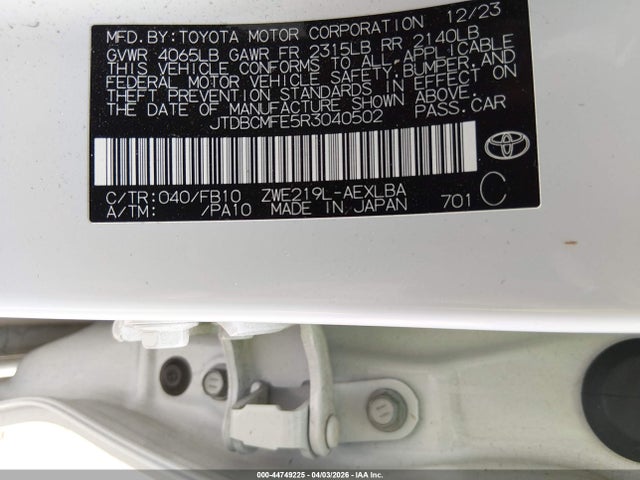Продажа на аукционе авто 2024 Toyota Corolla Hybrid Le, vin: JTDBCMFE5R3040502, номер лота: 44749225