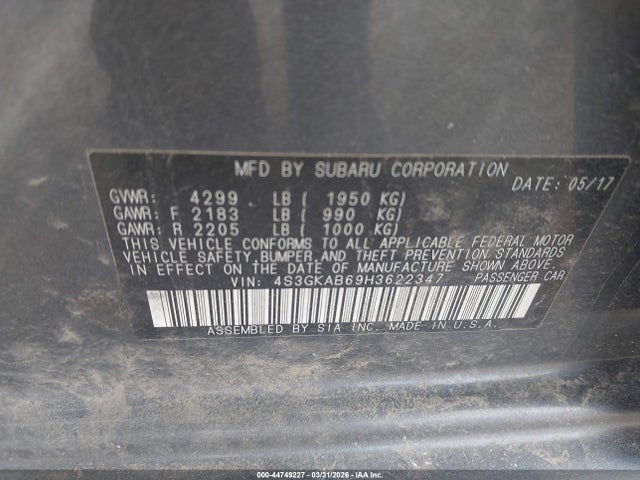 Aukcja sprzedaży 2017 Subaru Impreza 2.0i Premium, vin: 4S3GKAB69H3622347, numer aukcji: 44749227