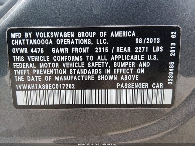Продажа на аукционе авто 2014 Volkswagen Passat 2.5l Wolfsburg Edition, vin: 1VWAH7A39EC017252, номер лота: 44749236
