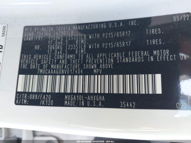 44749266 :رقم المزاد ، 7MUCAAAG0NV017404 vin ، 2022 Toyota Corolla Cross Le مزاد بيع