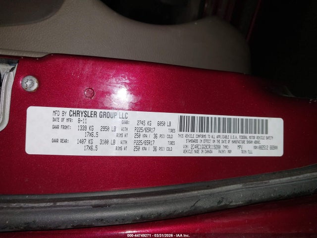44749271 :رقم المزاد ، 2C4RC1GG9CR119280 vin ، 2012 Chrysler Town & Country Limited مزاد بيع