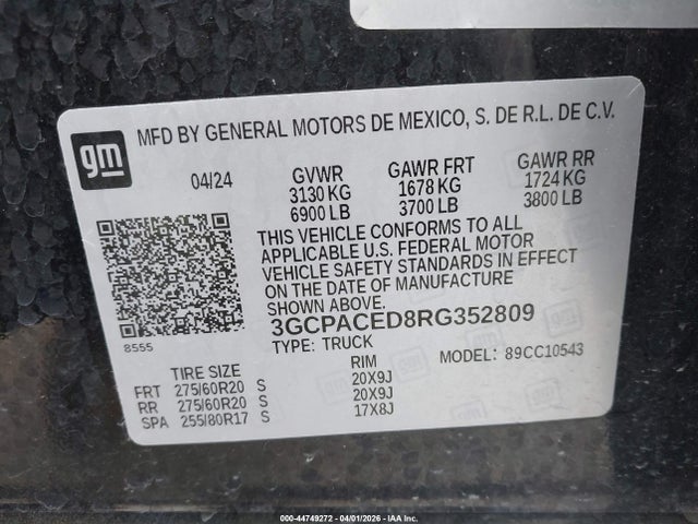Продаж на аукціоні авто 2024 Chevrolet Silverado 1500 2wd  Short Bed Lt, vin: 3GCPACED8RG352809, номер лоту: 44749272