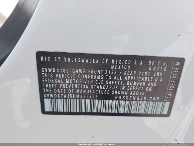 Продаж на аукціоні авто 2017 Volkswagen Jetta 1.4t Se, vin: 3VWDB7AJ5HM236726, номер лоту: 44749282