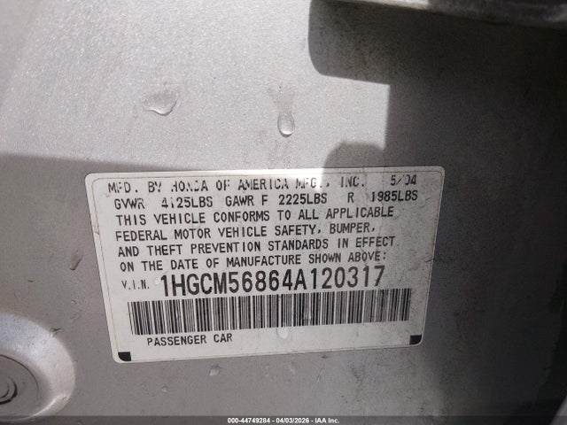 Aukcja sprzedaży 2004 Honda Accord 2.4 Ex, vin: 1HGCM56864A120317, numer aukcji: 44749284