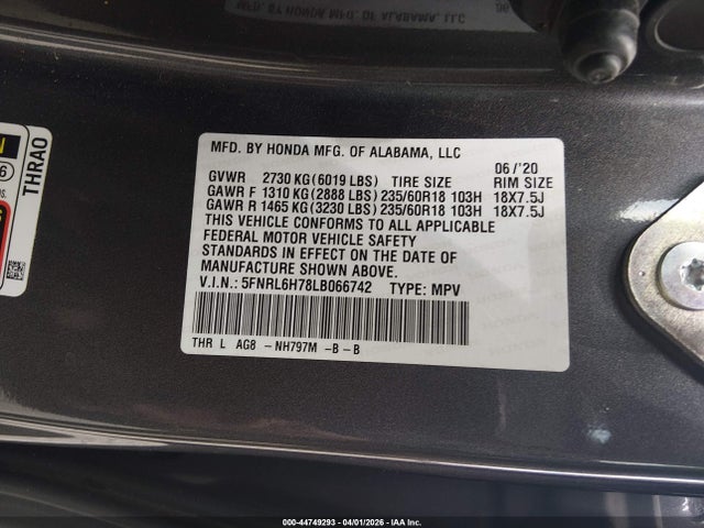 2020 Honda Odyssey Ex-l/ex-l W/navi   Res მანქანა იყიდება აუქციონზე, vin: 5FNRL6H78LB066742, აუქციონის ნომერი: 44749293