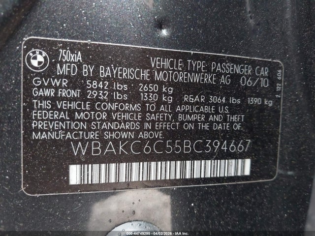 Продажа на аукционе авто 2011 Bmw 750i Xdrive, vin: WBAKC6C55BC394667, номер лота: 44749295