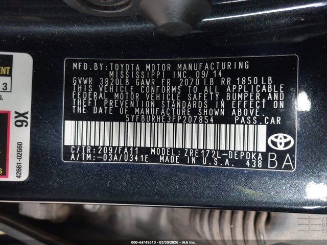 5YFBURHE3FP207854 Toyota COROLLA L
