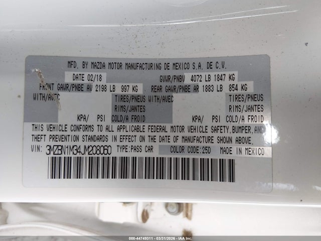 3MZBN1M34JM208060 Mazda Mazda3 Grand Touring
