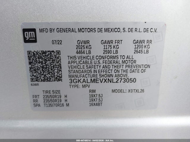 Aukcja sprzedaży 2022 Gmc Terrain Fwd Sle, vin: 3GKALMEVXNL273050, numer aukcji: 44749314