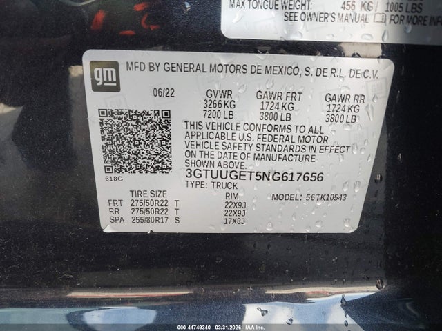 Продажа на аукционе авто 2022 Gmc Sierra 1500 4wd  Short Box Denali, vin: 3GTUUGET5NG617656, номер лота: 44749340
