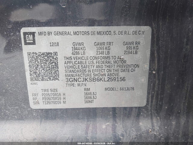 Продаж на аукціоні авто 2019 Chevrolet Trax Ls, vin: 3GNCJKSB6KL259156, номер лоту: 44749346