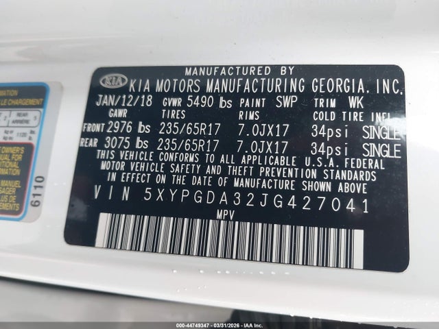 5XYPGDA32JG427041 KIA Sorento 2.4l Lx