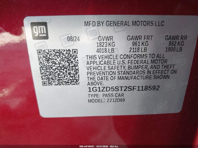 1G1ZD5ST2SF118592 Chevrolet Malibu Fwd 1lt