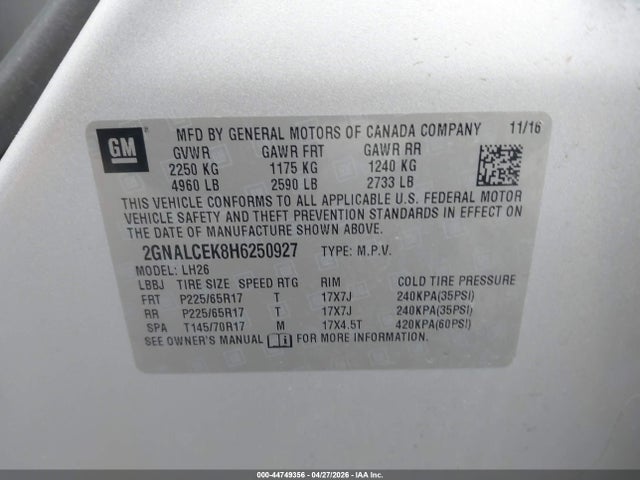 Продаж на аукціоні авто 2017 Chevrolet Equinox Lt, vin: 2GNALCEK8H6250927, номер лоту: 44749356