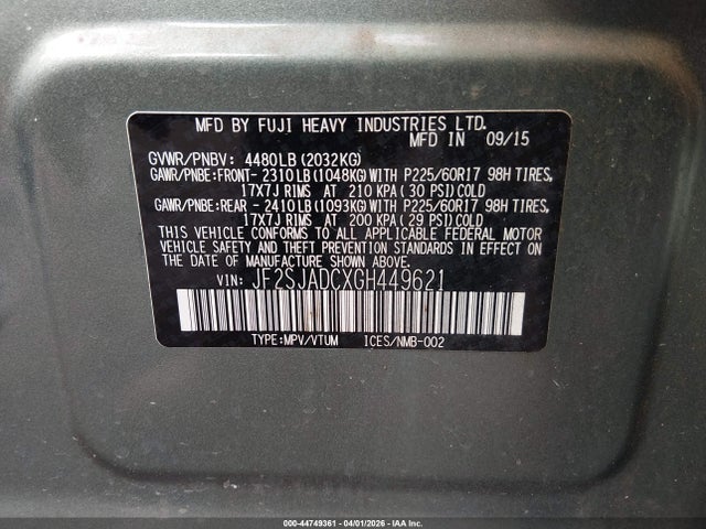 Aukcja sprzedaży 2016 Subaru Forester 2.5i Premium, vin: JF2SJADCXGH449621, numer aukcji: 44749361
