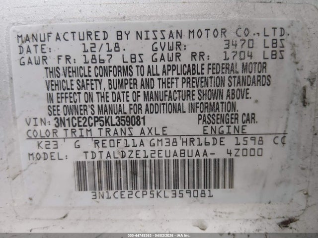Nissan Versa Note Sv 2019 3N1CE2CP5KL359081 Image 9
