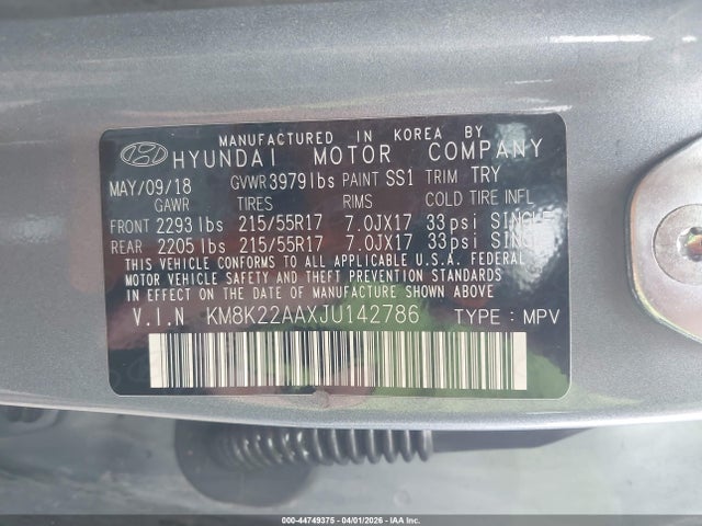 44749375 :رقم المزاد ، KM8K22AAXJU142786 vin ، 2018 Hyundai Kona Sel مزاد بيع