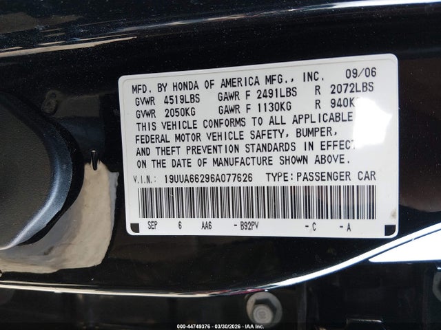 2006 Acura Tl მანქანა იყიდება აუქციონზე, vin: 19UUA66296A077626, აუქციონის ნომერი: 44749376