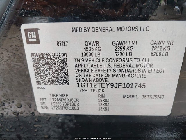 44749378 :رقم المزاد ، 1GT12TEY9JF101745 vin ، 2018 Gmc Sierra 2500hd Slt مزاد بيع