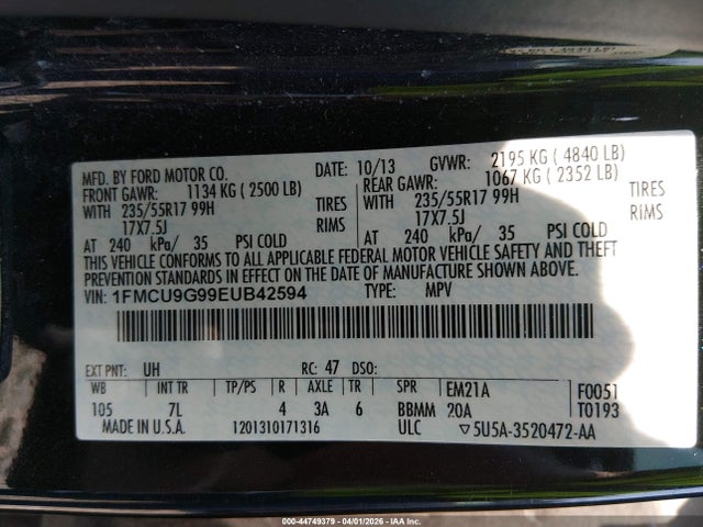 44749379 :رقم المزاد ، 1FMCU9G99EUB42594 vin ، 2014 Ford Escape Se مزاد بيع
