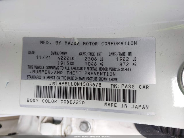 2022 Mazda Mazda3 Preferred მანქანა იყიდება აუქციონზე, vin: JM1BPBLL0N1503678, აუქციონის ნომერი: 44749394