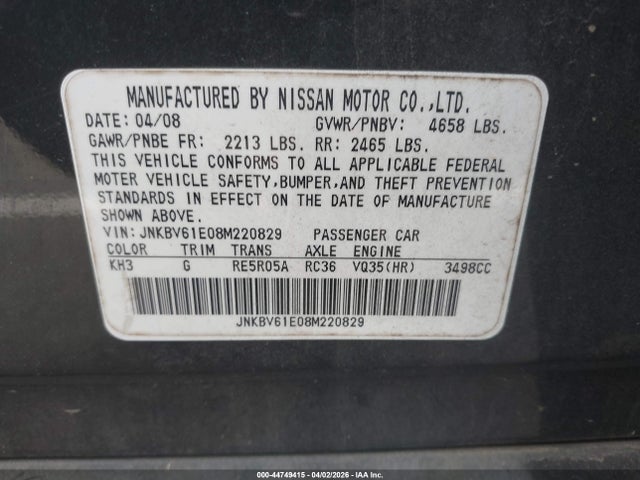 Aukcja sprzedaży 2008 Infiniti G35 Journey, vin: JNKBV61E08M220829, numer aukcji: 44749415